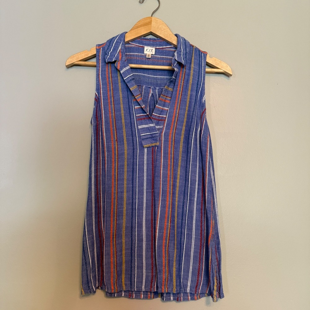 K.I.T. Womens Blue Multi-Color Striped Sleeveless Split V-Neck Tunic Top‎ Size M